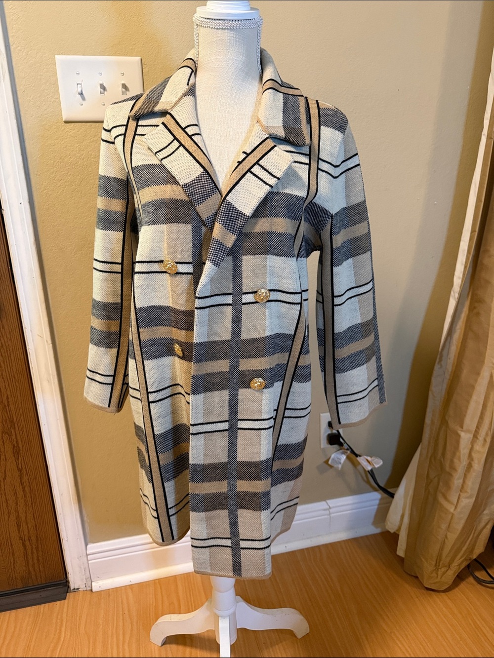 Anne Klein Plaid Double-Breasted Pea Coat in Beige and Black